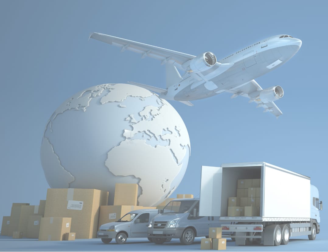 地球儀と貨物トラック、上空を飛ぶ旅客機の物流イメージ
