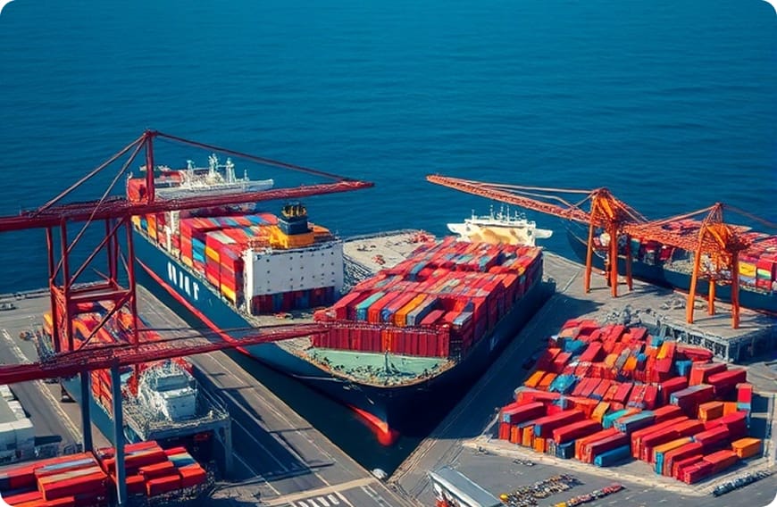 港に停泊する貨物船と多数のコンテナが並ぶ海上輸送の様子